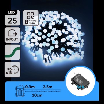 Aigostar - LED-ulkovaloköynnös 25xLED/8 toimintoa 3xAA 2,8m IP44 kylmänvalkoinen