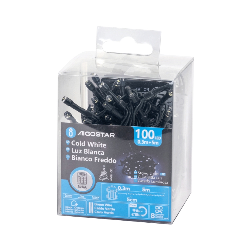 Aigostar - LED-ulkojouluvaloketju 100xLED/8 toimintoa 3xAA 5,3 m IP44 kylmä valkoinen