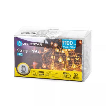 Aigostar - LED ulkokäyttöön valosarja 100xLED/3xAA/8 toimintoa 10,3 m IP44 lämmin valkoinen
