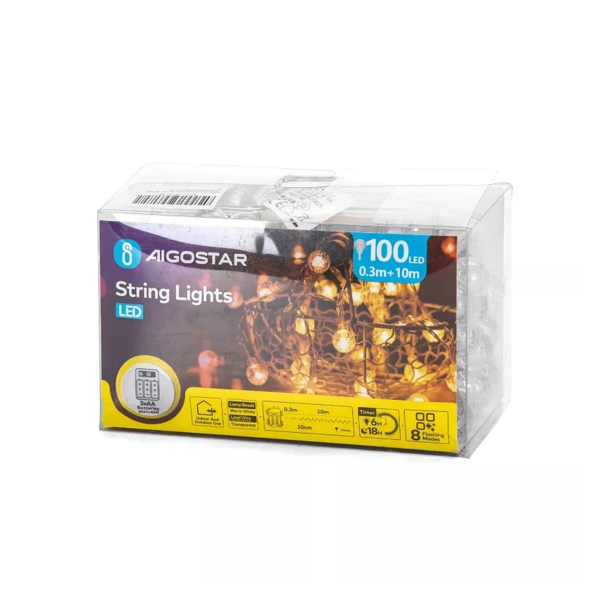 Aigostar - LED ulkokäyttöön valosarja 100xLED/3xAA/8 toimintoa 10,3 m IP44 lämmin valkoinen