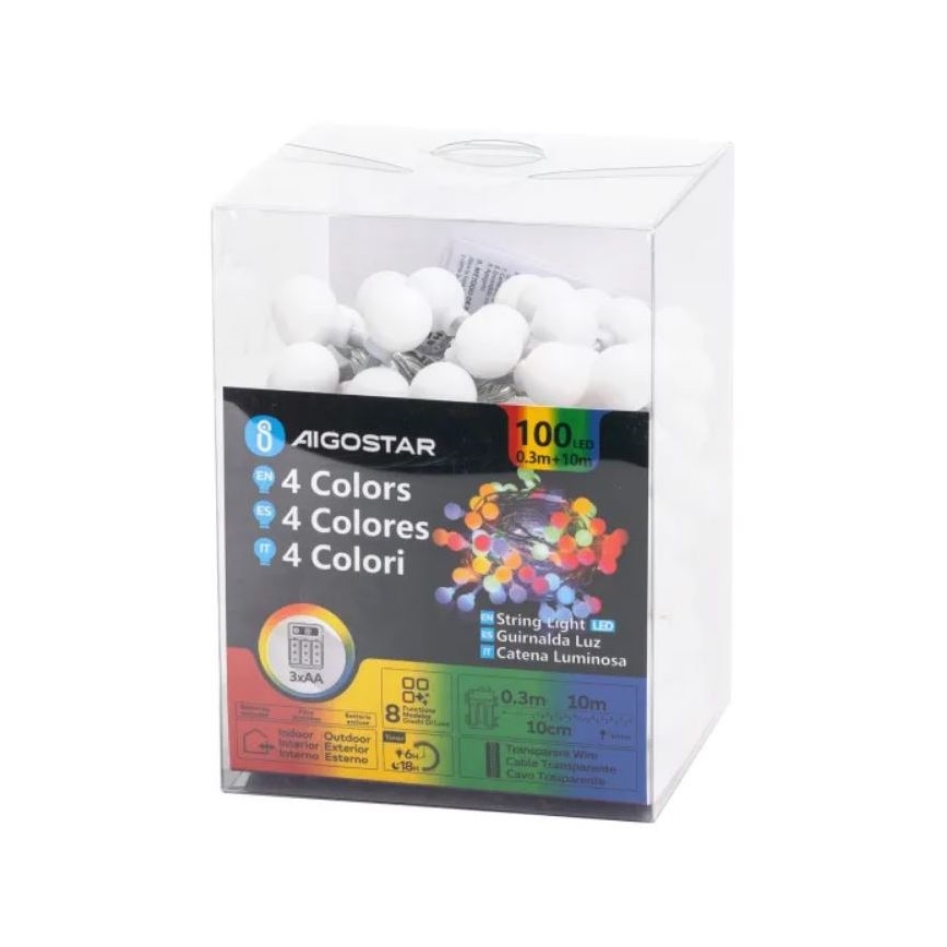 Aigostar - 10,3 m LED-ulkovalosarja, 100 LED, 3 x AA, 8 toimintoa, IP44, monivärinen
