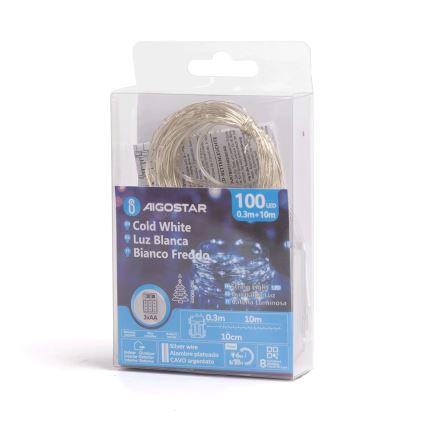 Aigostar - LED Ulkovalosarja 100xLED/8 toimintoa/3xAA 10,3m IP44 kylmänvalkoinen