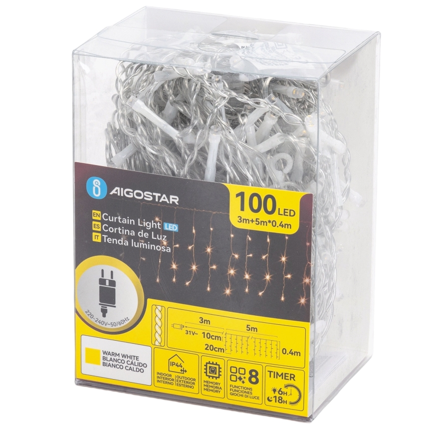 Aigostar - LED-ulkovalosarja 100xLED/8 toimintoa 5x0,4m IP44 lämmin valkoinen