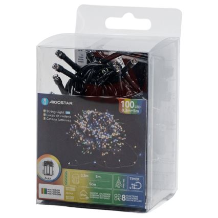 Aigostar - LED-ulkovaloketju, 100 LED, 8 toimintoa, 3 × AA-paristoa, 5,3 m, IP44, monivärinen