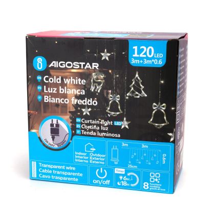 Aigostar - LED-ulkojouluvalosarja 120 x LED / 8 toimintoa 3 x 0,6 m IP44 kylmänvalkoinen + kaukosäädin