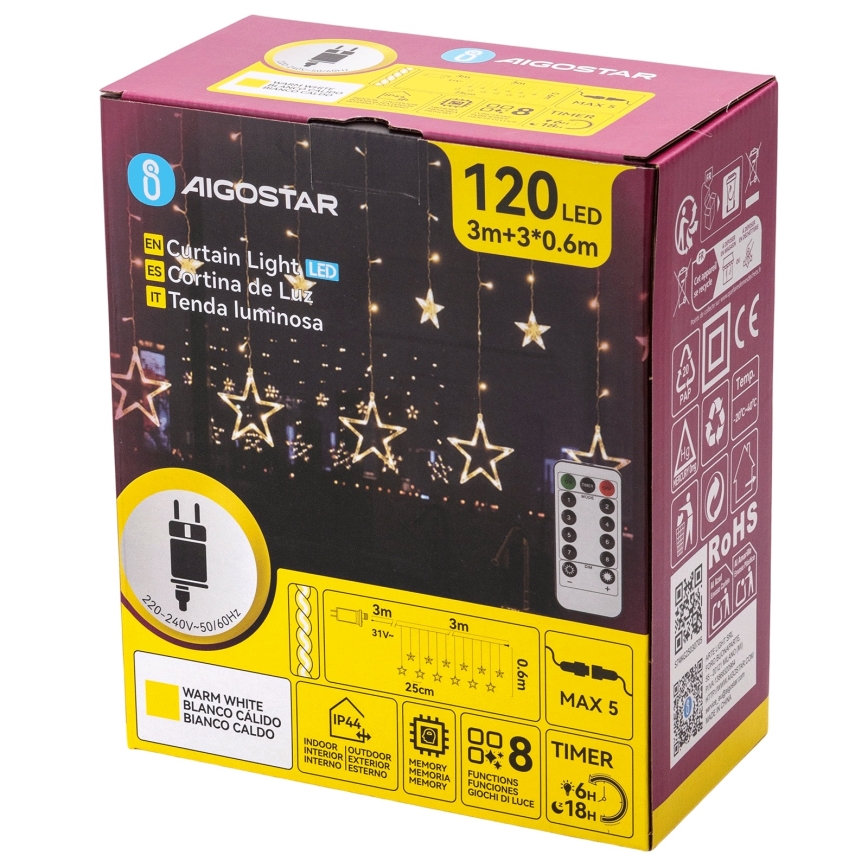 Aigostar - LED-ulkovalosarja 120xLED/8 toimintoa 3x0,6 m IP44 lämmin valkoinen + kaukosäädin