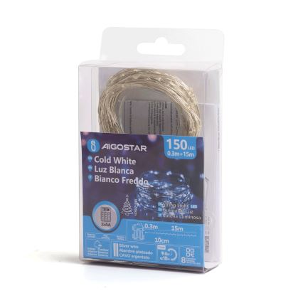 Aigostar - LED-ulkovaloketju 150 LEDiä/8 toimintoa/3xAA 15,3 m IP44 kylmänvalkoinen