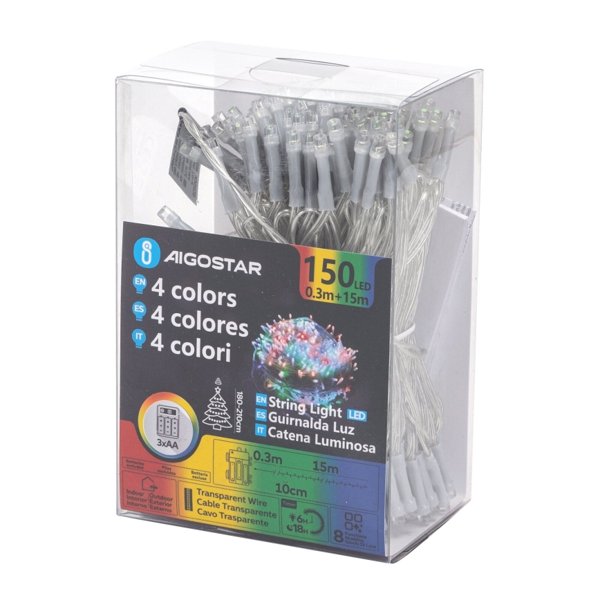 Aigostar - LED-ulkovalosarja, 150 LEDiä, 8 toimintoa, 3xAA, 15,3 m, IP44, monivärinen