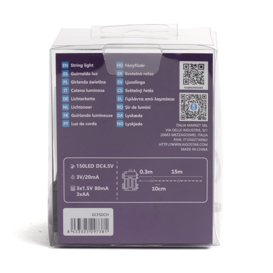 Aigostar - LED-ulkovalosarja 150xLED/8 toimintoa 3xAA 15,3 m IP44 monivärinen