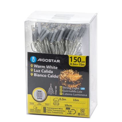 Aigostar -LED Ulkovalosarja 150xLED/8 toimintoa 3xAA 15,3m IP44 lämmin valkoinen