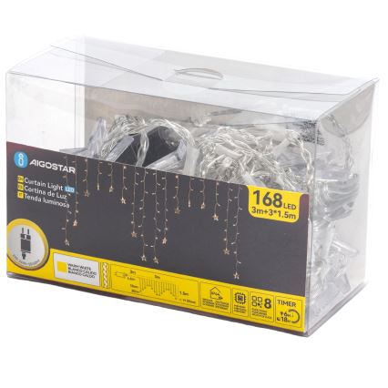 Aigostar - LED-ulkovalosarja, 168 LED, 8 toimintoa, 3 x 1,5 m, IP44, lämmin valkoinen, tähtikoristeet