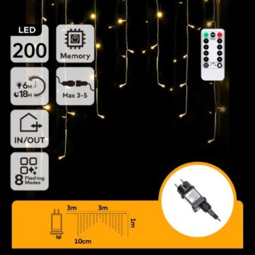 Aigostar - LED-ulkovalosarja 200xLED/6W/230V/8 toimintoa 3x1m IP44 lämpimän valkoinen + kaukosäädin