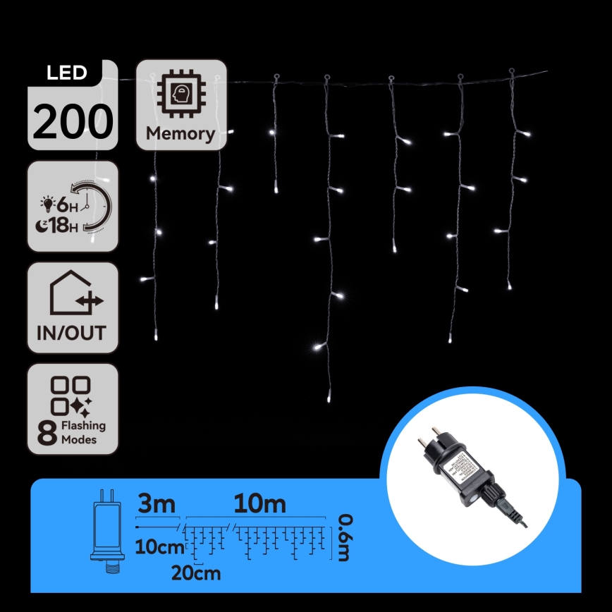 Aigostar - LED-ulkovalosarja 200xLED/8 toimintoa 13x0,6m IP44 kylmä valkoinen