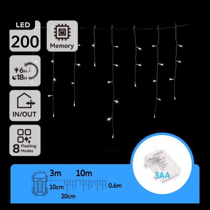 Aigostar - LED-ulkovalosarja 200xLED/8 toimintoa 3xAA 13x0,6m IP44 kylmänvalkoinen