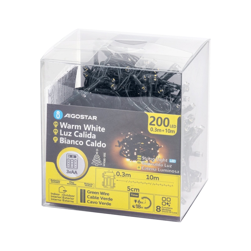 Aigostar - LED-ulkovalosarja 200xLED/8 toimintoa 3xAA 10,3m IP44 lämmin valkoinen