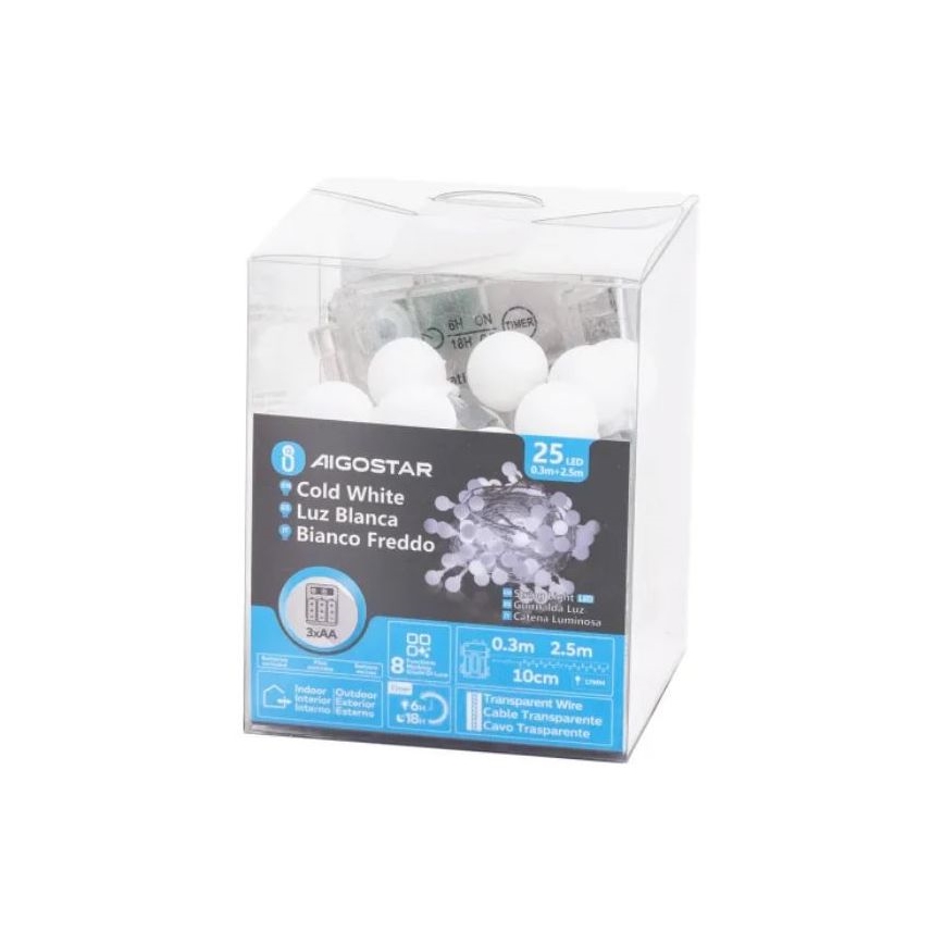 Aigostar - LED-jouluvaloketju ulkokäyttöön 25xLED/3xAA/8 toimintoa 2,8 m IP44 kylmänvalkoinen