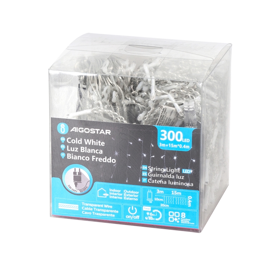 Aigostar - LED-ulkovalosarja, 300 LED, 8 valaistustilaa, 15 x 0,4 m, IP44, kylmävalkoinen