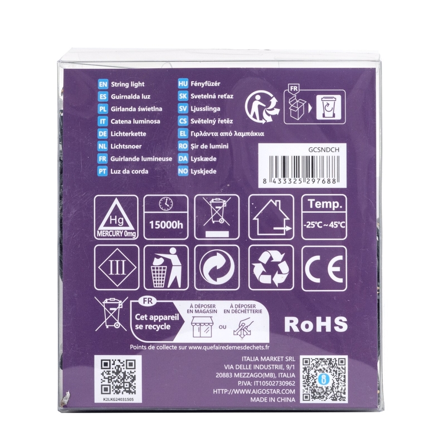 Aigostar-LED ulkovalosarja, 300 LEDiä, 8 toimintoa, 3xAA-paristokäyttö, 15,3 m, IP44, lämmin valkoinen