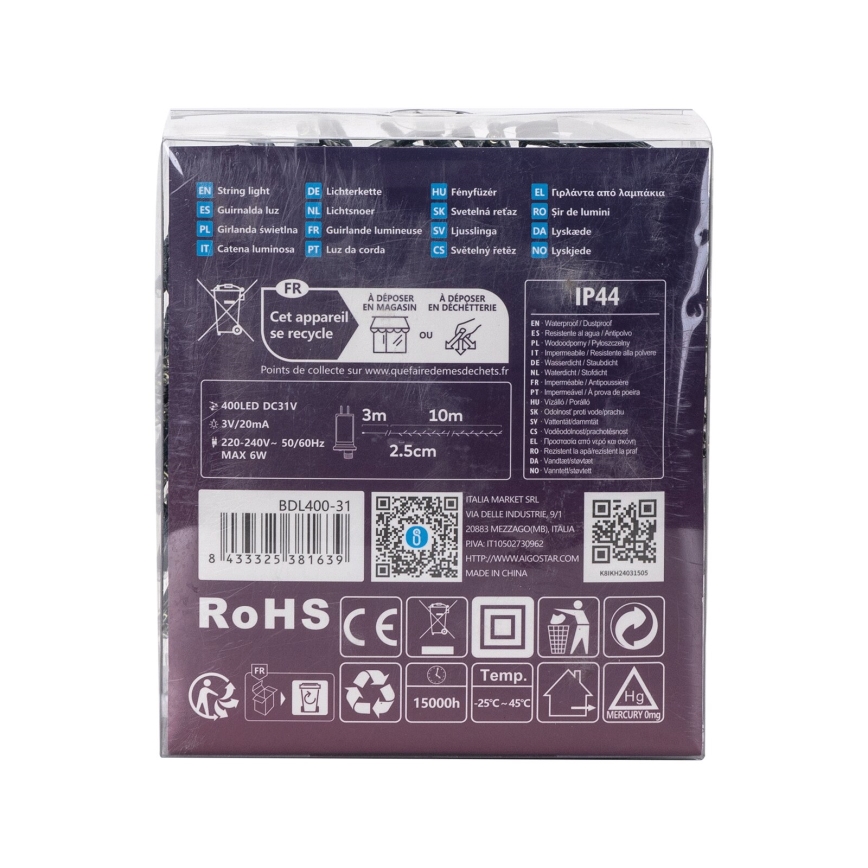 Aigostar - LED-ulkovalosarja 400xLED/8 toimintoa 13m IP44 kylmänvalkoinen