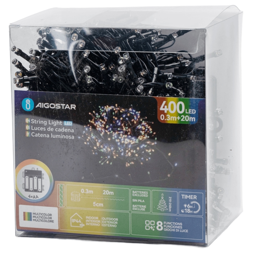 Aigostar - LED-ulkoketju 400 LEDiä, 8 toimintoa, 4×AA, 20,3 m, IP44, monivärinen