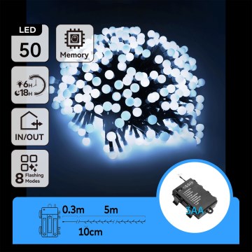 Aigostar - LED-ulkovalosarja 50xLED/8 toimintoa 3xAA 5,3m IP44 kylmä valkoinen