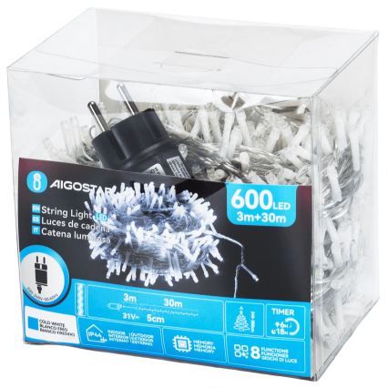 Aigostar - LED-ulkovalosarja 600 x LED/8 toimintoa 33 m IP44 kylmänvalkoinen