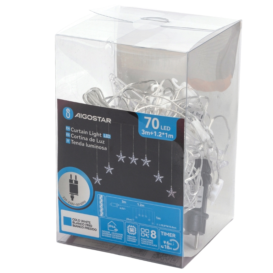 Aigostar - Tähtikoristeinen LED-ulkovalosarja 70 LED 1,2 x 1 m IP44, kylmänvalkoinen