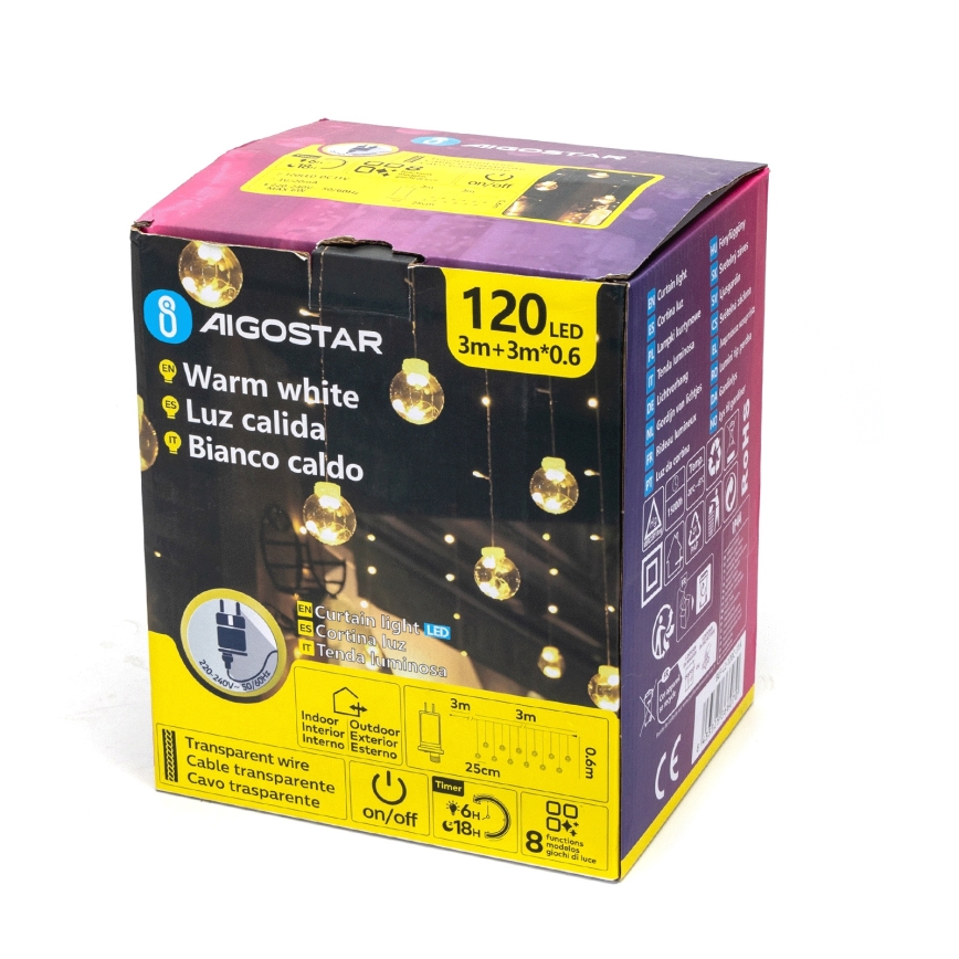 Aigostar - LED ulkovalosarja 120xLED/8 toimintoa 3x0,6m IP44 lämmin valkoinen + kaukosäädin