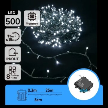 Aigostar - LED-ulkovalosarja jouluksi 500xLED/8 toimintoa 4xAA 25,3 m IP44 kylmä valkoinen