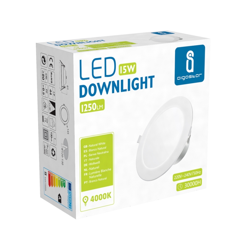 Aigostar - Kylpyhuoneen LED-upotettava alasvalaisin LED/15W/230V 4000K IP44 halkaisija 14,5 cm valkoinen