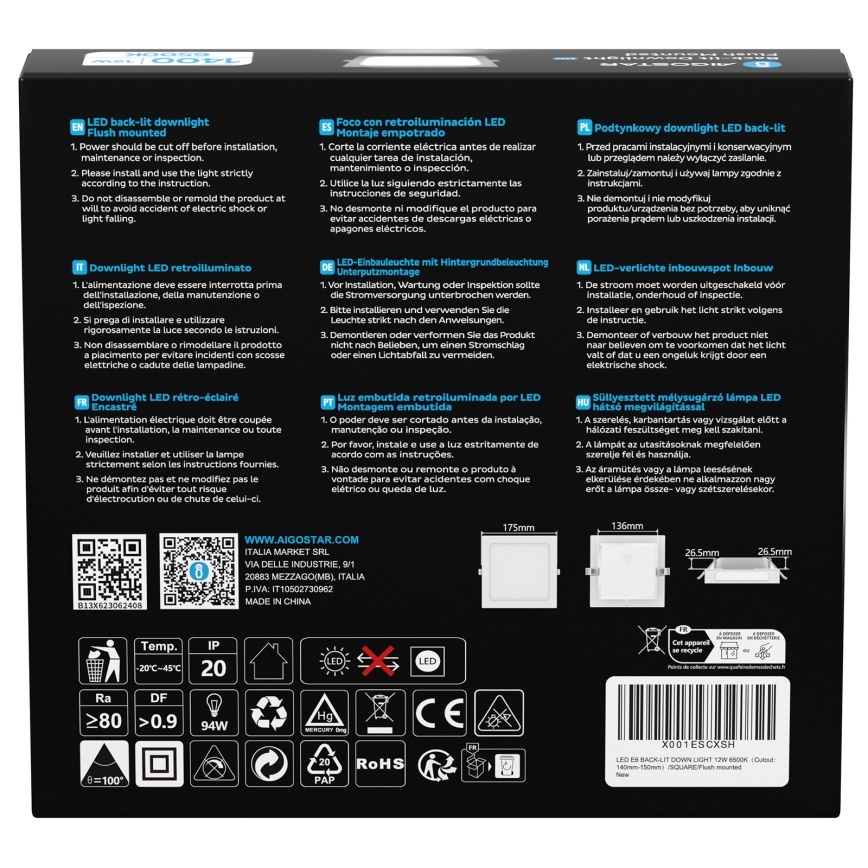 Aigostar - LED-upotettava alasvalo 12W 230V 6500K 17,5x17,5 cm valkoinen