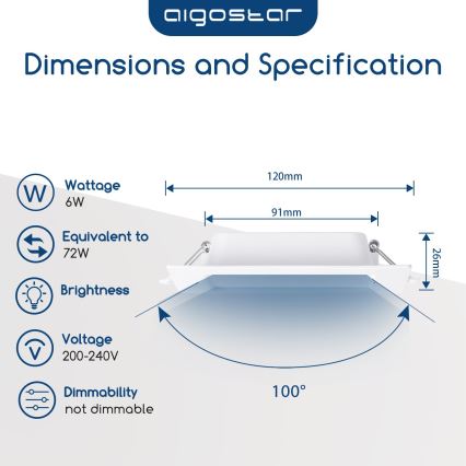 Aigostar - LED-upotettava alasvalo LED/6W/230V 4000K 12x12 cm valkoinen