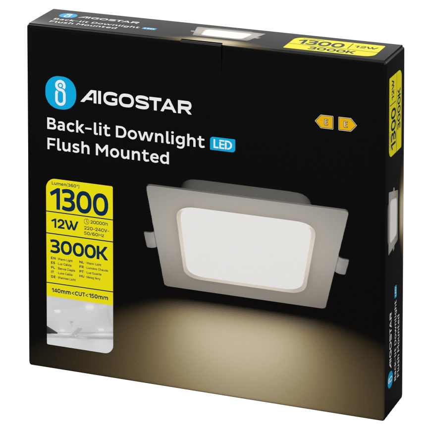 Aigostar - LED-upotettava kattovalaisin LED/12W/230V 3000K 17,5x17,5 cm valkoinen
