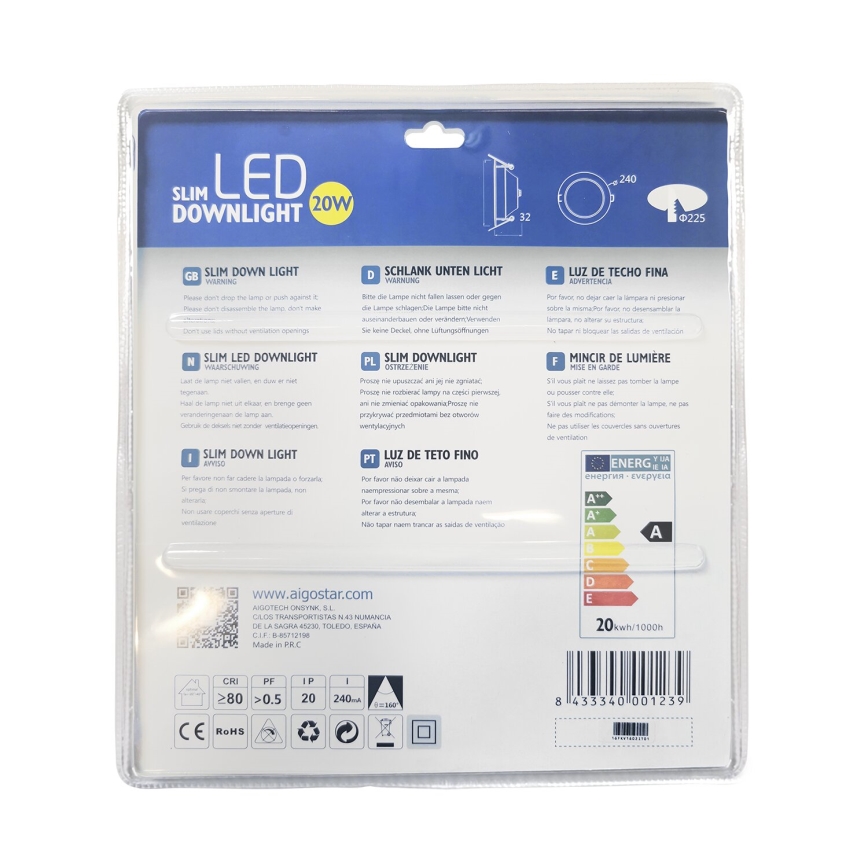 Aigostar - LED upotettava valo ULTRATHIN LED/20W/230V 3000K mattakromi