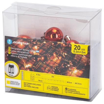 Aigostar - LED-valoketju 20 x LED, paristokäyttö (3 x AA), 2 m, lämmin valkoinen