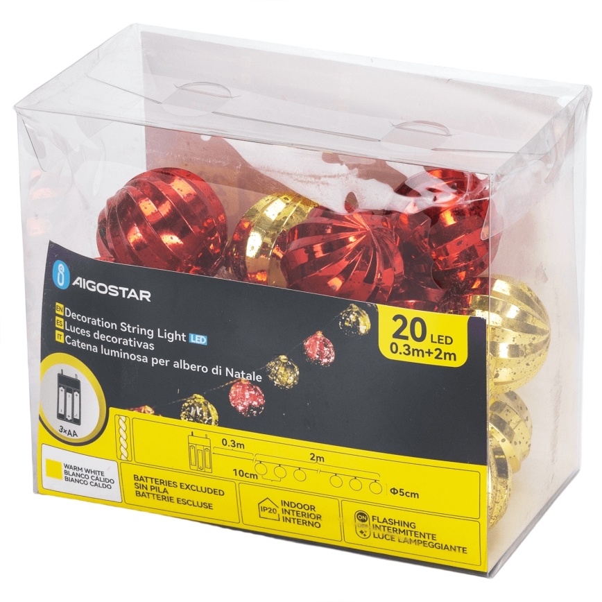 Aigostar - LED-valosarja 20×LED / 3×AA, 2 m, lämmin valkoinen
