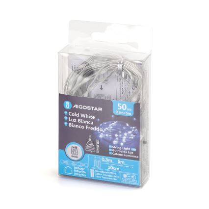 Aigostar - LED-valoketju 50 x LED / 3 x AA, 5,3 m, kylmänvalkoinen