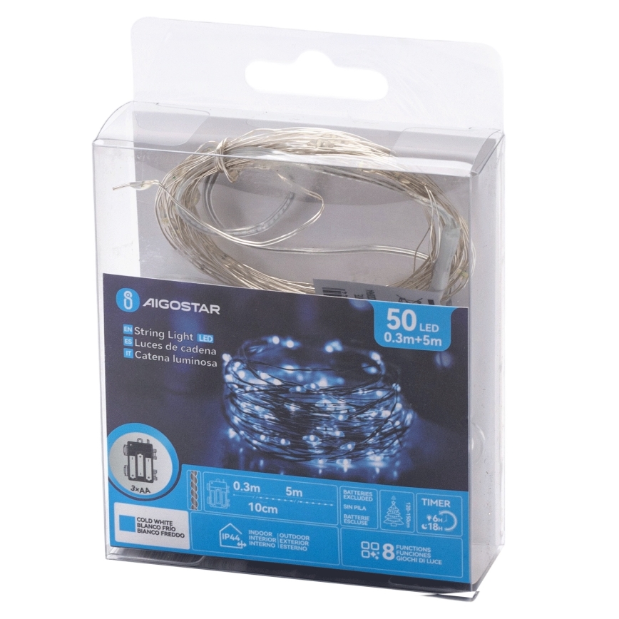 Aigostar - LED-ulkovaloketju 50xLED/3xAA 5,3 m kylmänvalkoinen