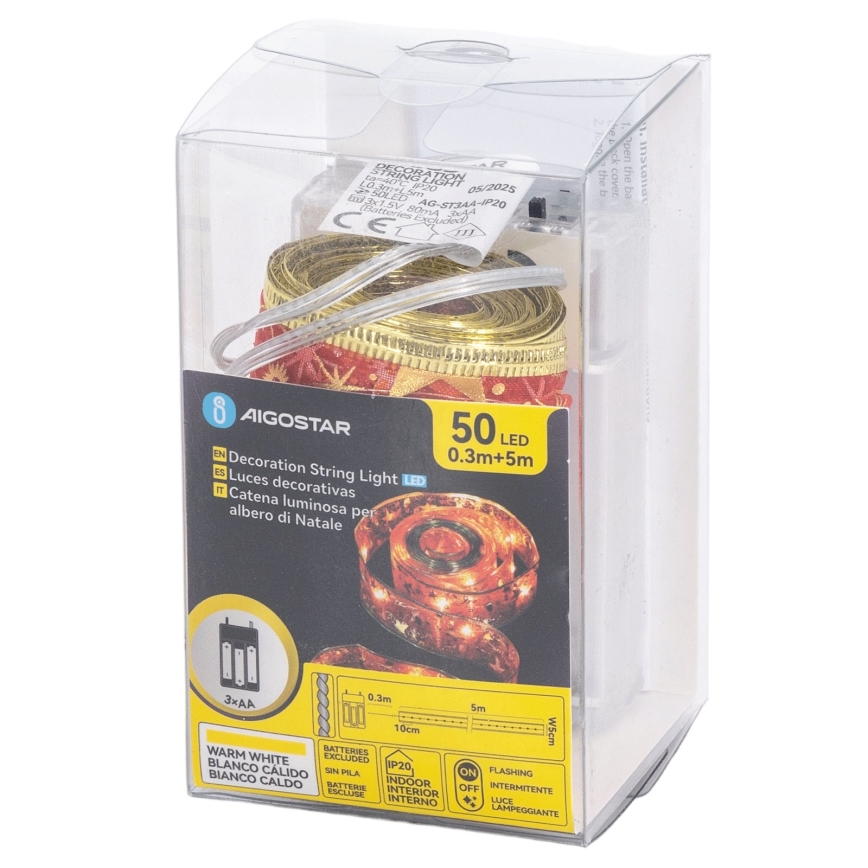 Aigostar - LED-valoketju 50xLED/3xAA, 5 m, lämmin valkoinen / punainen