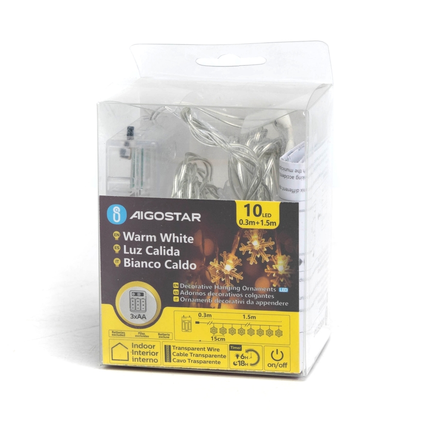 Aigostar - LED-valosarja 10 x LED / 3 x AA, 1,5 m, lämmin valkoinen, lumihiutaleet
