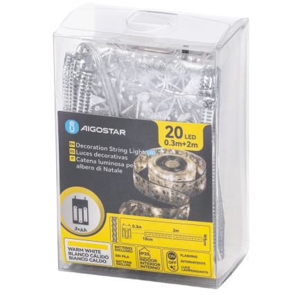 Aigostar - LED-valoketju 20 x LED / 3 x AA, 2 m, lämmin valkoinen, hopea