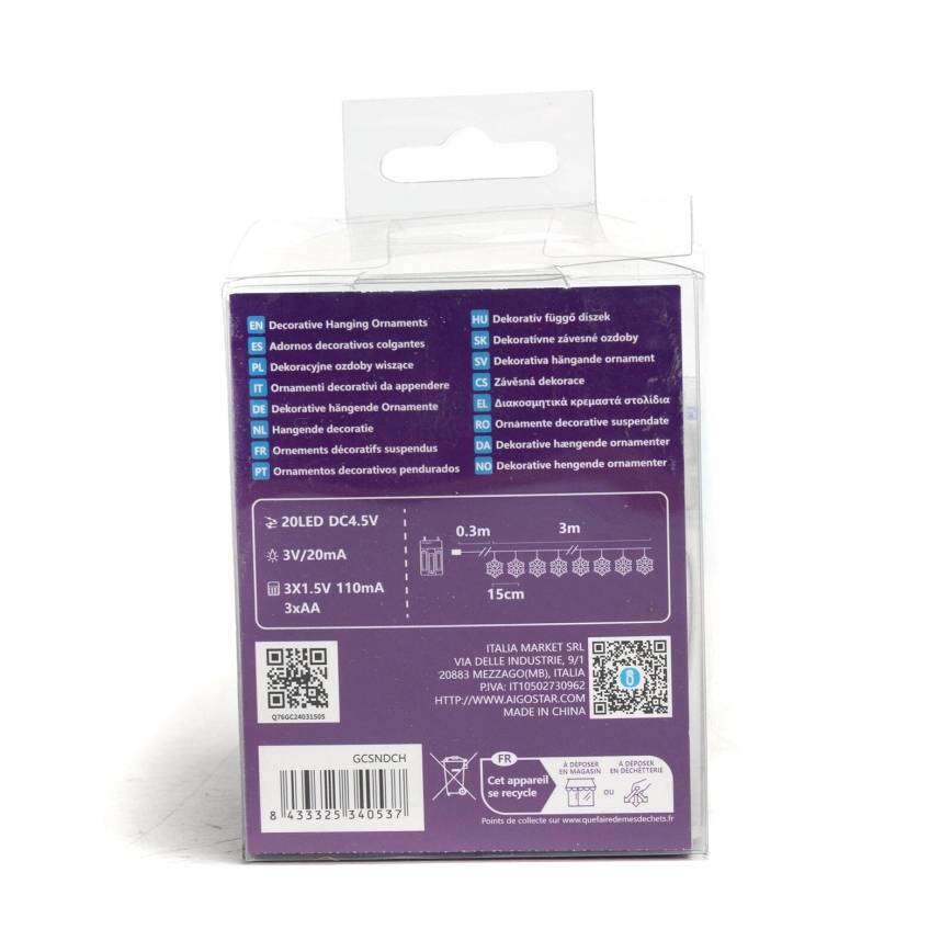 Aigostar - LED-valosarja 20xLED/3xAA 3,3m lumihiutaleet