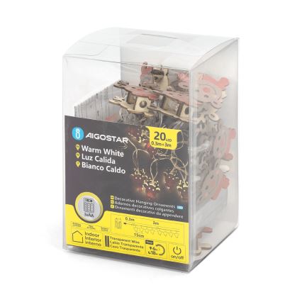 Aigostar - LED-valosarja 20xLED/3xAA 3m lämmin valkoinen poro