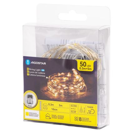 Aigostar - LED-ulkovaloketju 50xLED/3xAA 5,3 m lämmin valkoinen