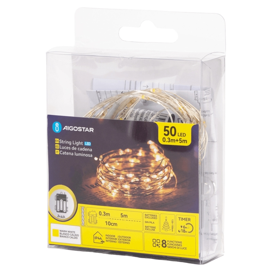 Aigostar - LED-ulkovaloketju 50xLED/3xAA 5,3 m lämmin valkoinen