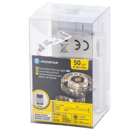 Aigostar - LED-valosarja 50×LED / 3×AA, 5 m, lämmin valkoinen, hopea