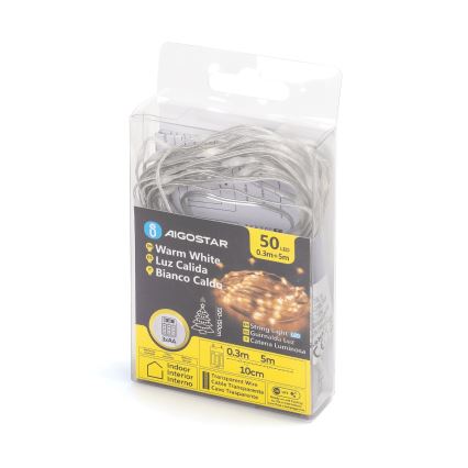 Aigostar - LED-valosarja 50×LED / 3×AA, 5,3 m, lämmin valkoinen