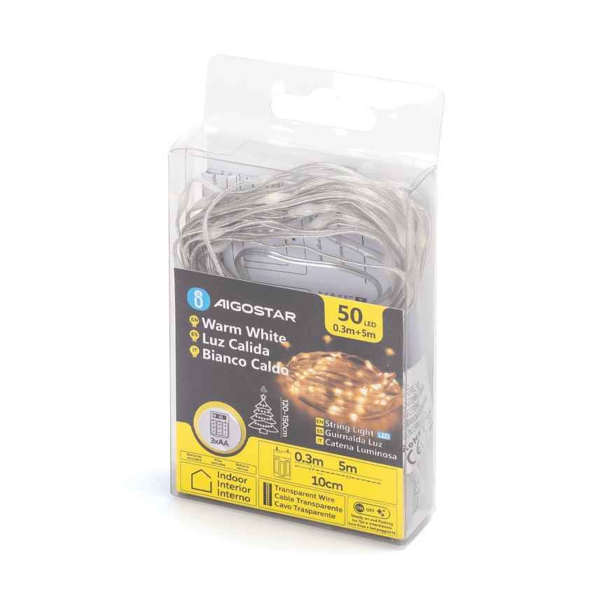 Aigostar - LED-valosarja 50×LED / 3×AA, 5,3 m, lämmin valkoinen