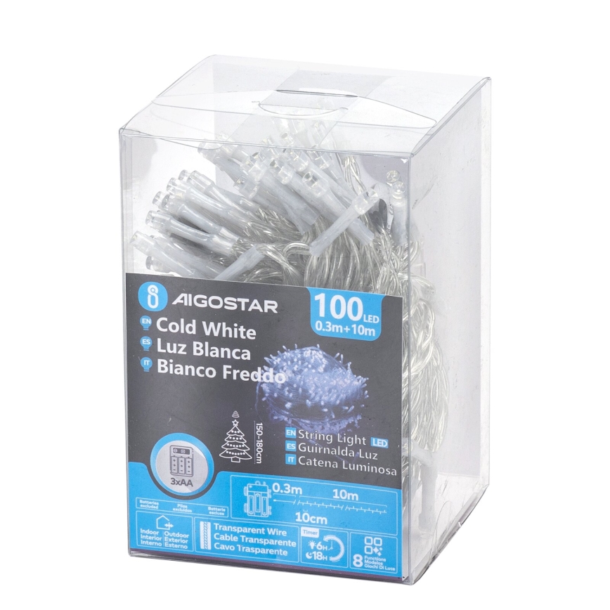 Aigostar - LED ulkovaloketju 100xLED/8 toimintoa/3xAA 10,3m IP44 kylmänvalkoinen