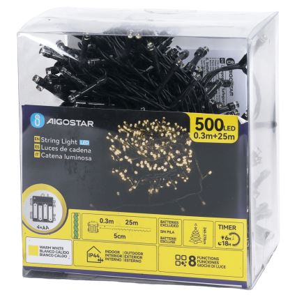 Aigostar - ulkokäyttöinen LED-valosarja 500 LEDiä/8 toimintoa 4xAA 25,3 m IP44 lämmin valkoinen